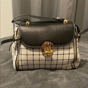 Plaid Pattern Crossbody Bag with Black Leather Flap and Gold Hardware